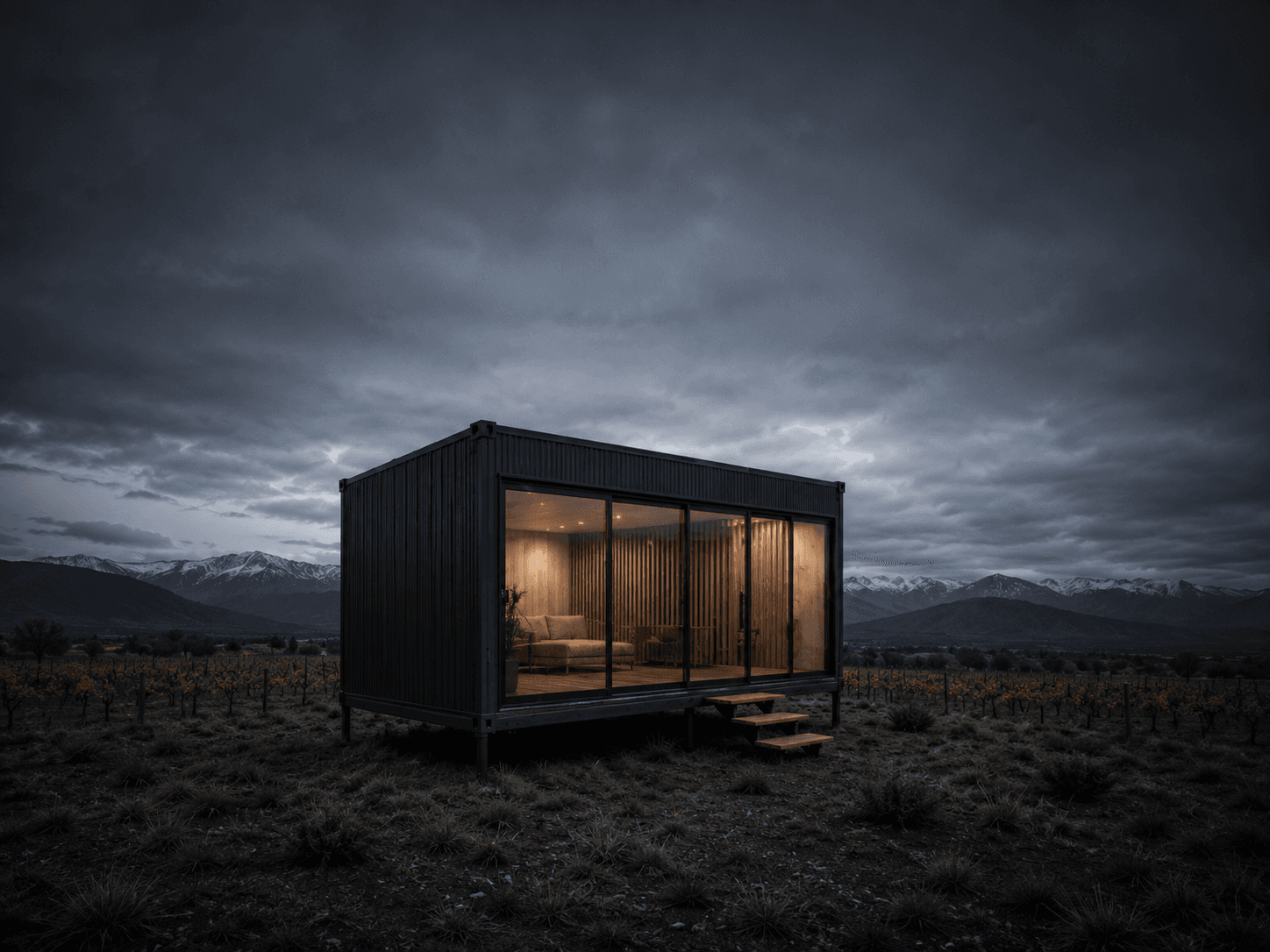 Módulo básico Colorado de 24 m² al atardecer frente a la cordillera