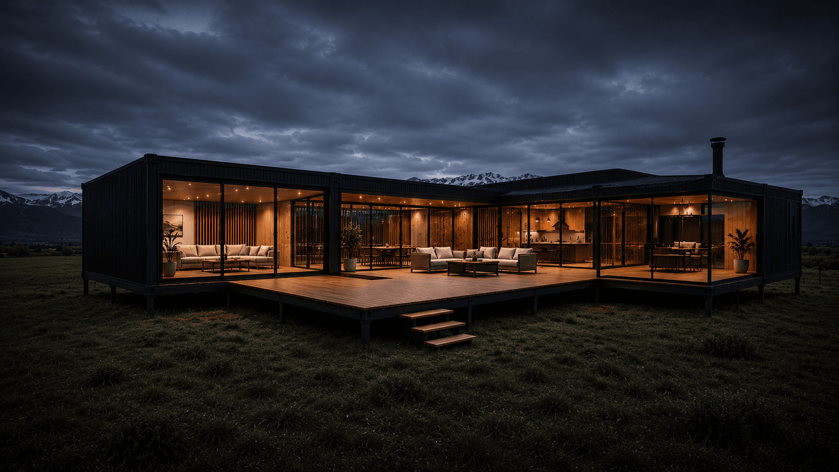 Casa Colorado de un piso de hasta 156 m² iluminada al atardecer